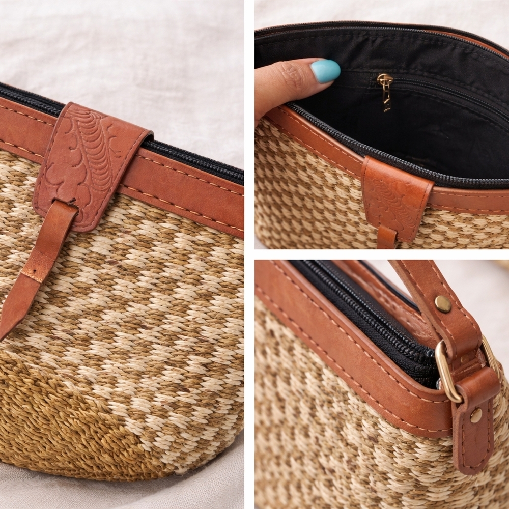 Woven Straw Crossbody Bag with Tan Leather Trim - Picture 4 of 4